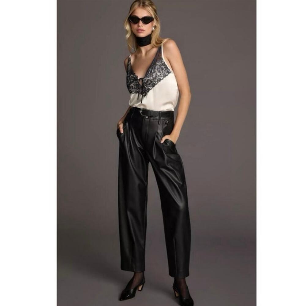 Anthropologie Maeve Faux Leather Tapered Pleated Black Pants, Size 10